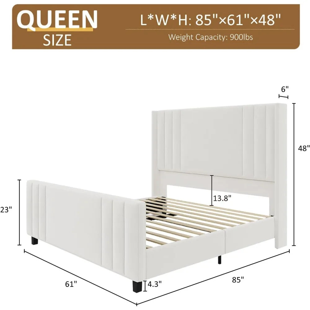 Albott Queen Size Platform Bed Frame, Upholstered Bed with Vertical Channel Tufted Wingback Headboard & Footboard, Premium Velve