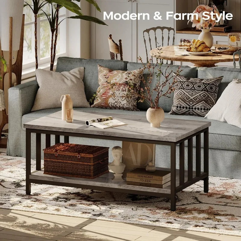 Coffee Table for Living Room with Slatted Sides Frame, Modern Farmhouse Living Room Table