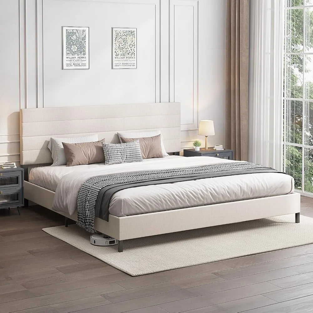 Bed Frame, Modern Upholstered Bed Frame King with Adjustable Linen Headboard, Wooden Slats Support Platform