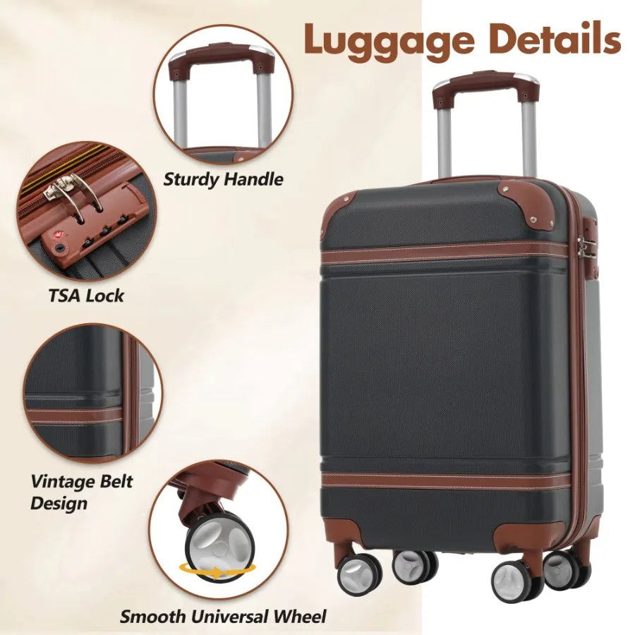 Hardshell Luggage Sets with Bags Carry-on Suitcase Double Spinner Wheels with TSA Lock Single Vintage Luggage 20 IN Black