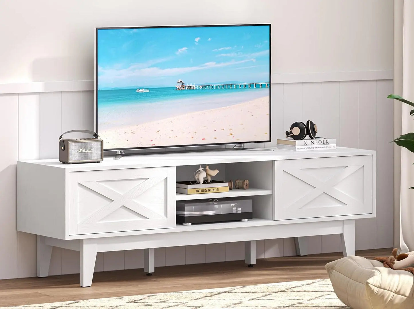 TV Stand for 55 65 Inch TV, Rattan Entertainment Center with Shelves, Cabinets and Sliding Doors, TV Media Console Table