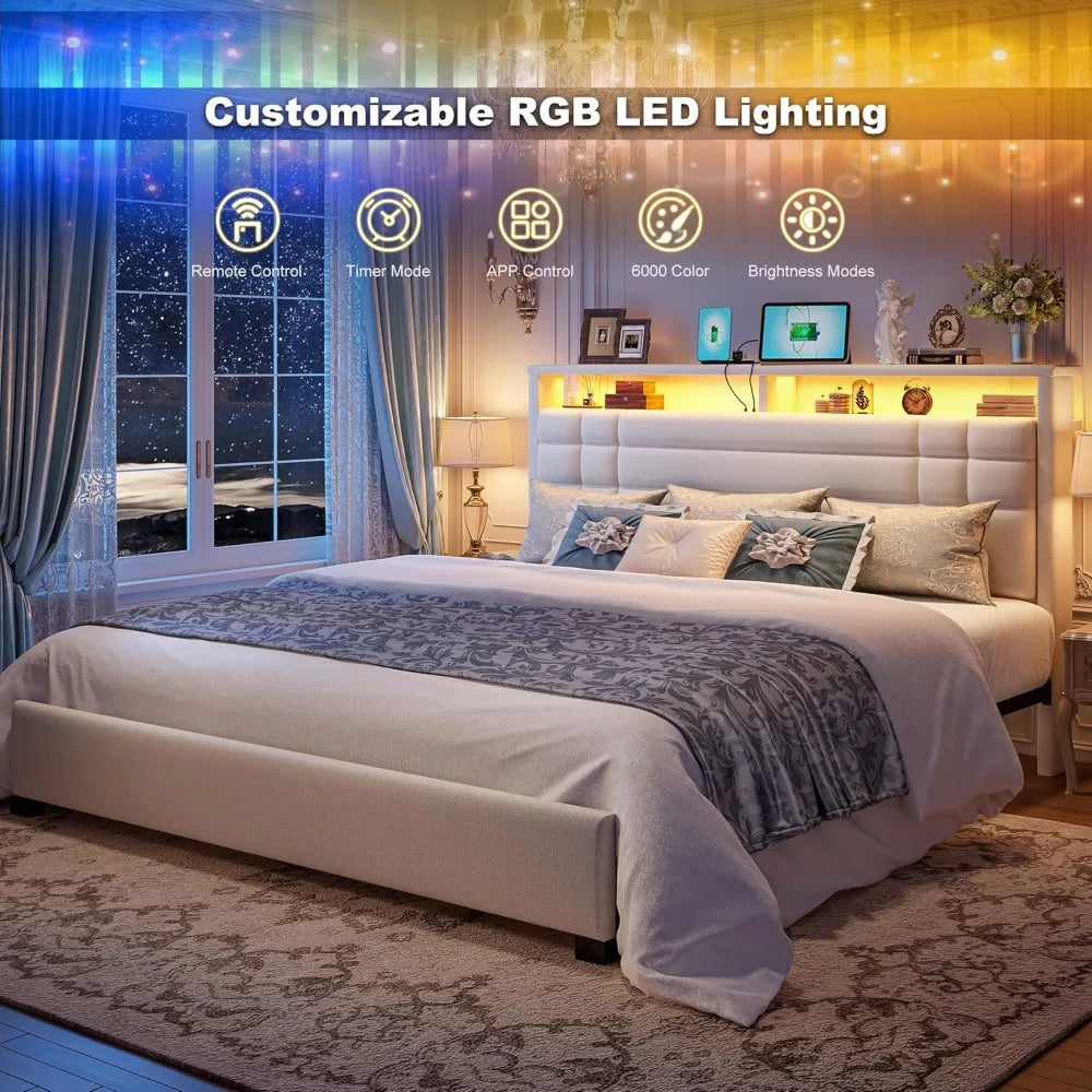 King Size Bed Frame with Charging Station and LED Lights, King Bed Frame with 2-Tier Storage Headboard, Metal Slats