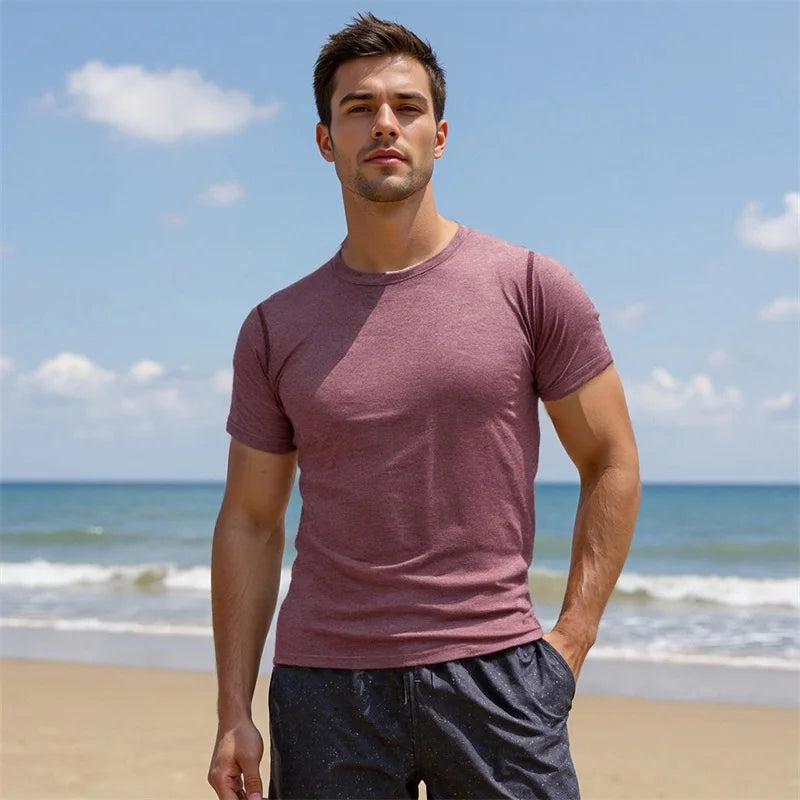 Men s Reversible Round Neck Short Sleeve T-Shirts with Stitching Detail - Casual  Fit Tops for Summer Fashion