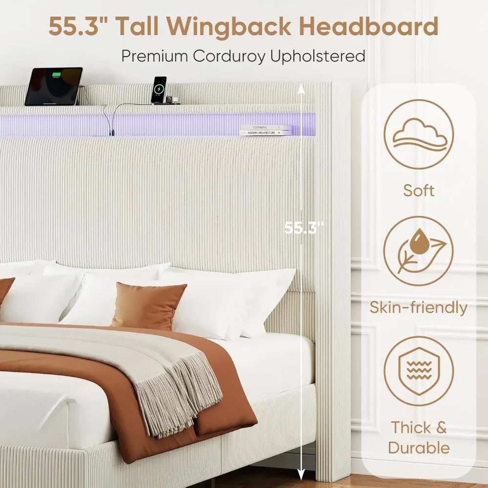 King Size Bed Frame with Tall Headboard, 55.3" Corduroy Upholstered Platform Bedframe with LED Lights & Charging Station