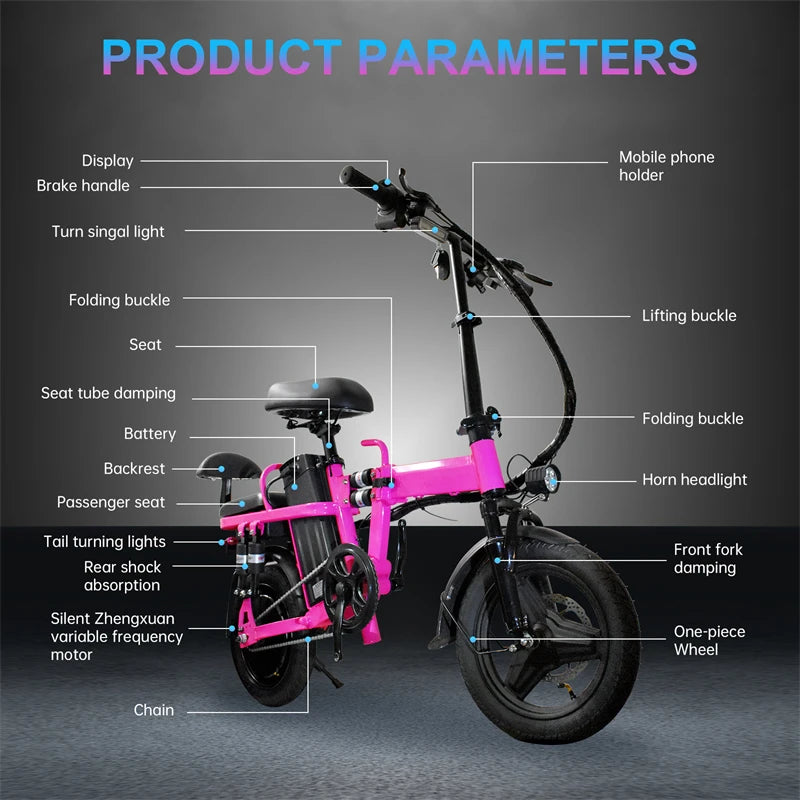 Adult Folding Electric Bike 25 MPH 48V 20Ah Removable Battery Commuting Folding Ebike for Adult Teens with Two Seats