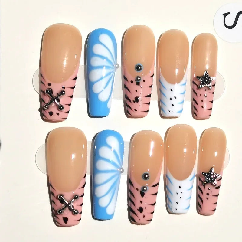 10pcs Handmade Duck Press on Nails Y2K False Nails Leopard Print Fake Nail Tips Short French Design Ins Spice Girl Wearable