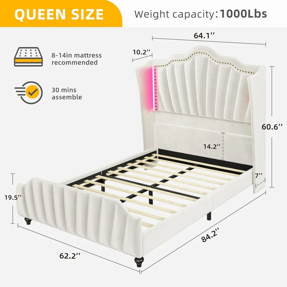 YITAHOME Queen Size Platform Bed Frame with 60" Tall Wingback Headboard and Footboard, Velvet Upholstered Bed with LED Light, So
