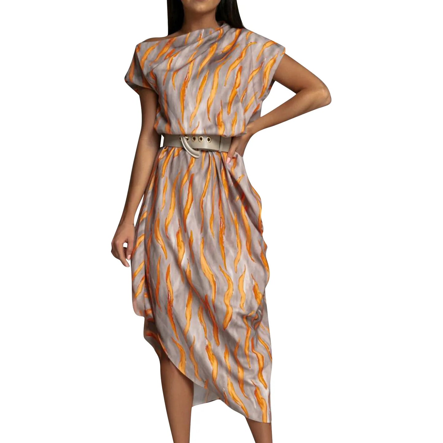 Elegant Long-sleeve Printed Dress For Women High-waisted A- line Round Neck Pullover Trendy Summer Clothing