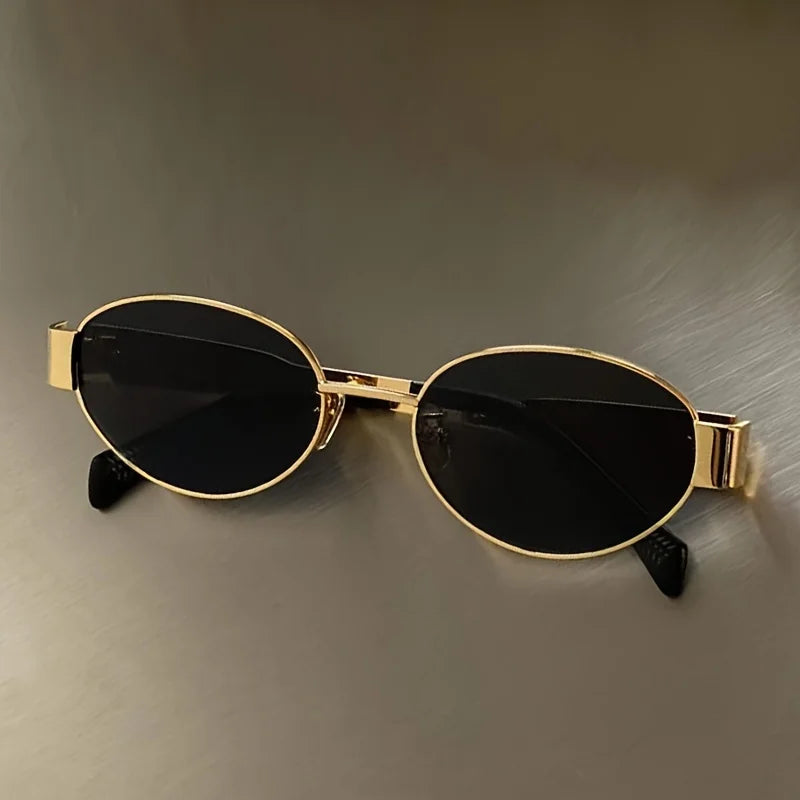 Fashion Sunglasses for Women High Quality Retro Oval Metal Polished Sun Glasses Designer Men Black Lens Classic Shades