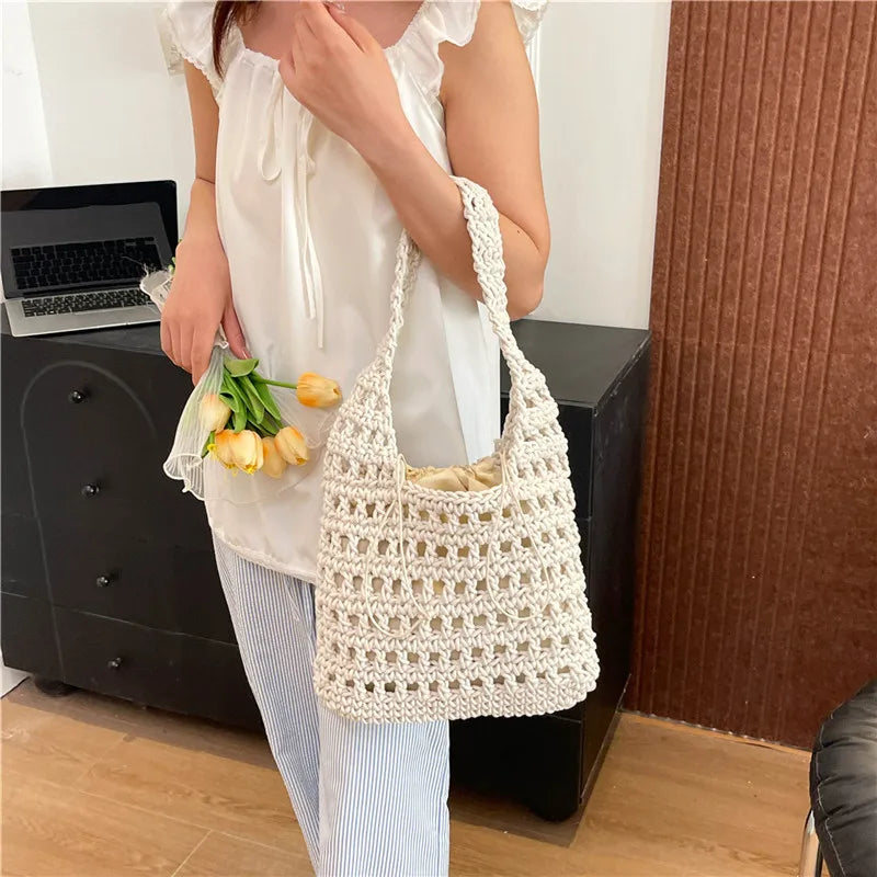 Women's Knitted Shoulder Bag Large Capacity Lightweight Braid Underarm Bags Summer Handmade Crochet Tote Bags Weaving Beach Bags