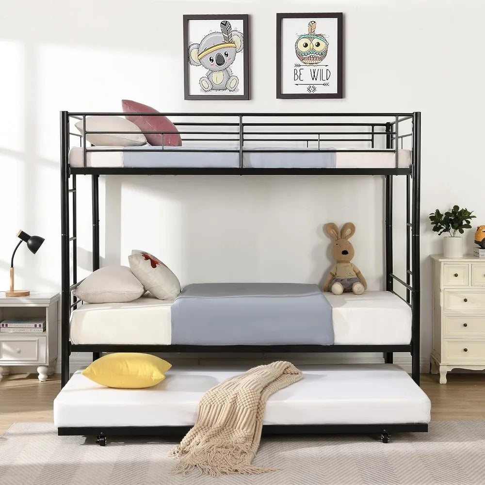 Twin Over Twin Bunk Bed Frame with Trundle,Metal Bunk Bed Bedframe with Guard Rail and 2 Ladders for Adults,Can be Divided into