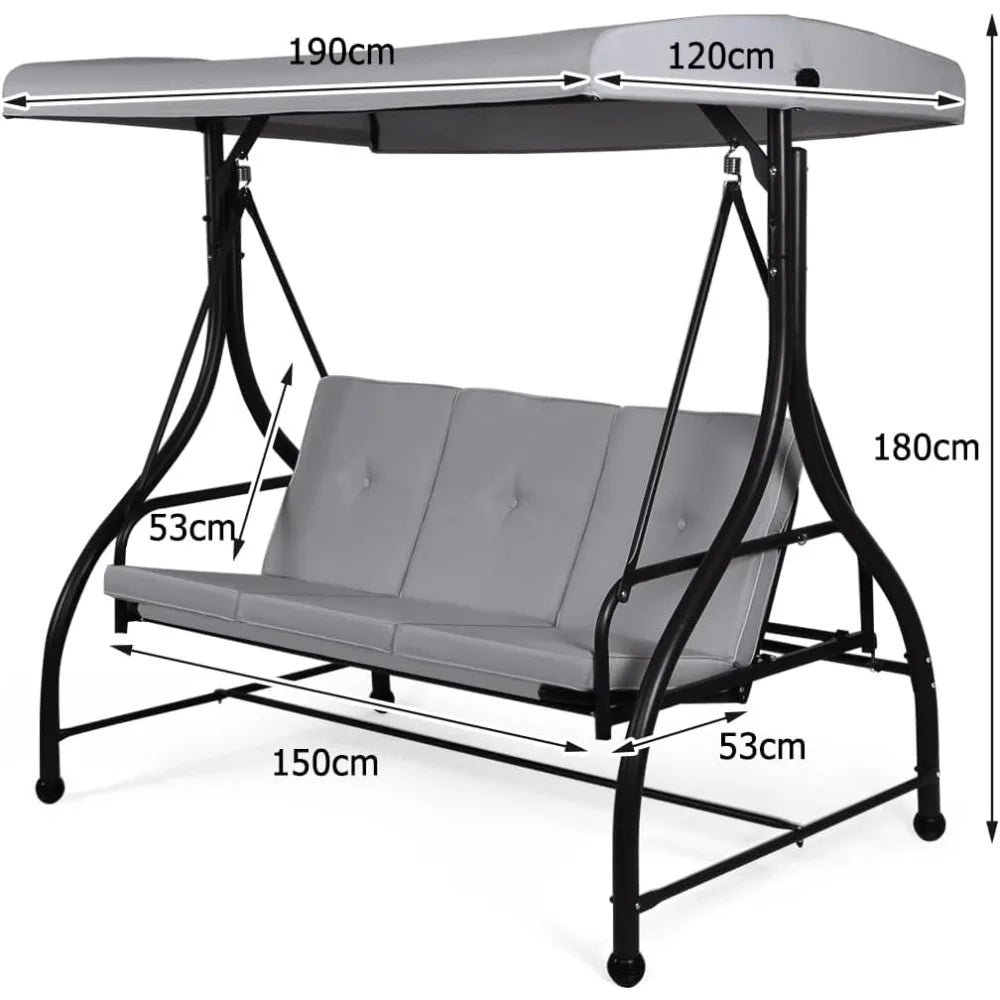 Garden Swing Chair, 3 Seater Convertible Outdoor Hammock Bench Chair with Adjustable Canopy and Cushions, Patio Swing Bench