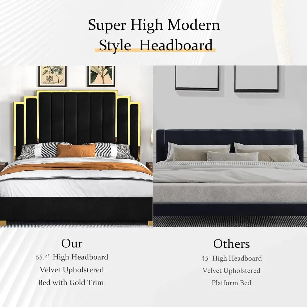 Queen Size Platform Bed Frame, 61.4" Velvet Upholstered Bed with Gold Trim Headboard/Wooden Slats/No Box Spring Needed