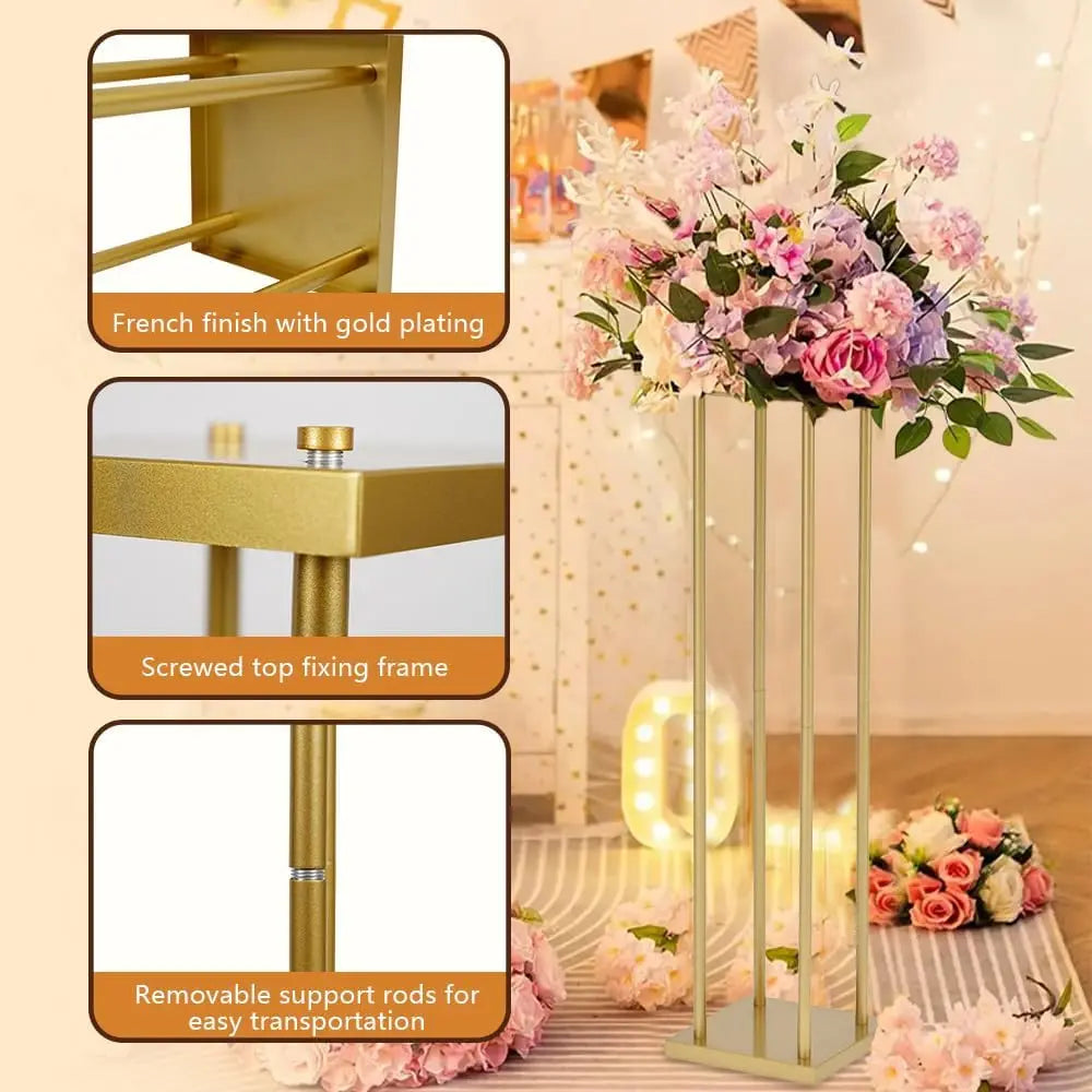 2pcs 31.5inch Rectangular Gold Metal Wedding Flower Stand Vase Column Stand Flower Display Rack for Party Home Decorations