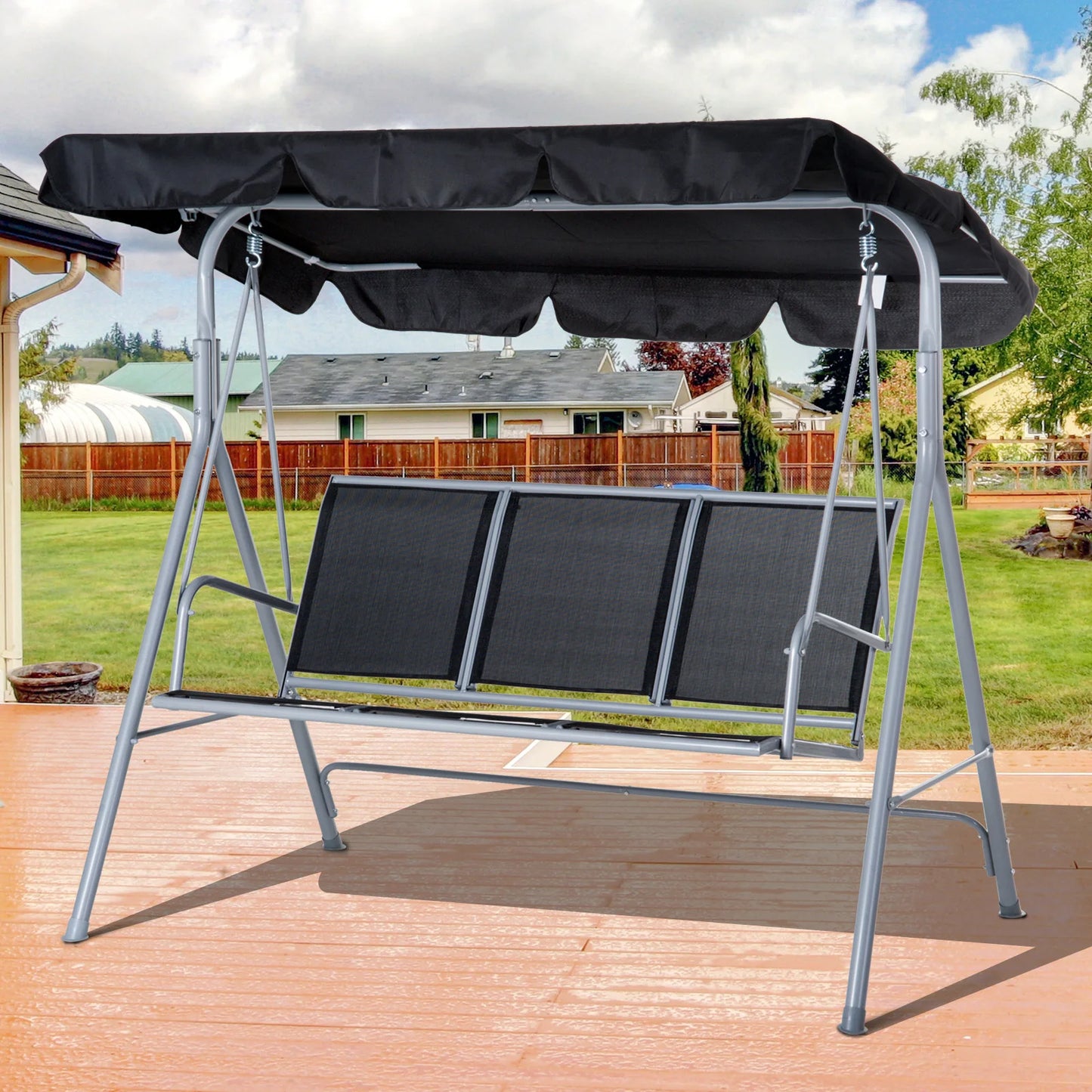 Outsunny 3 Seater Swing Chair Garden Canopy Swing Bench Hammock with Breathable Fabric for Patio, Black