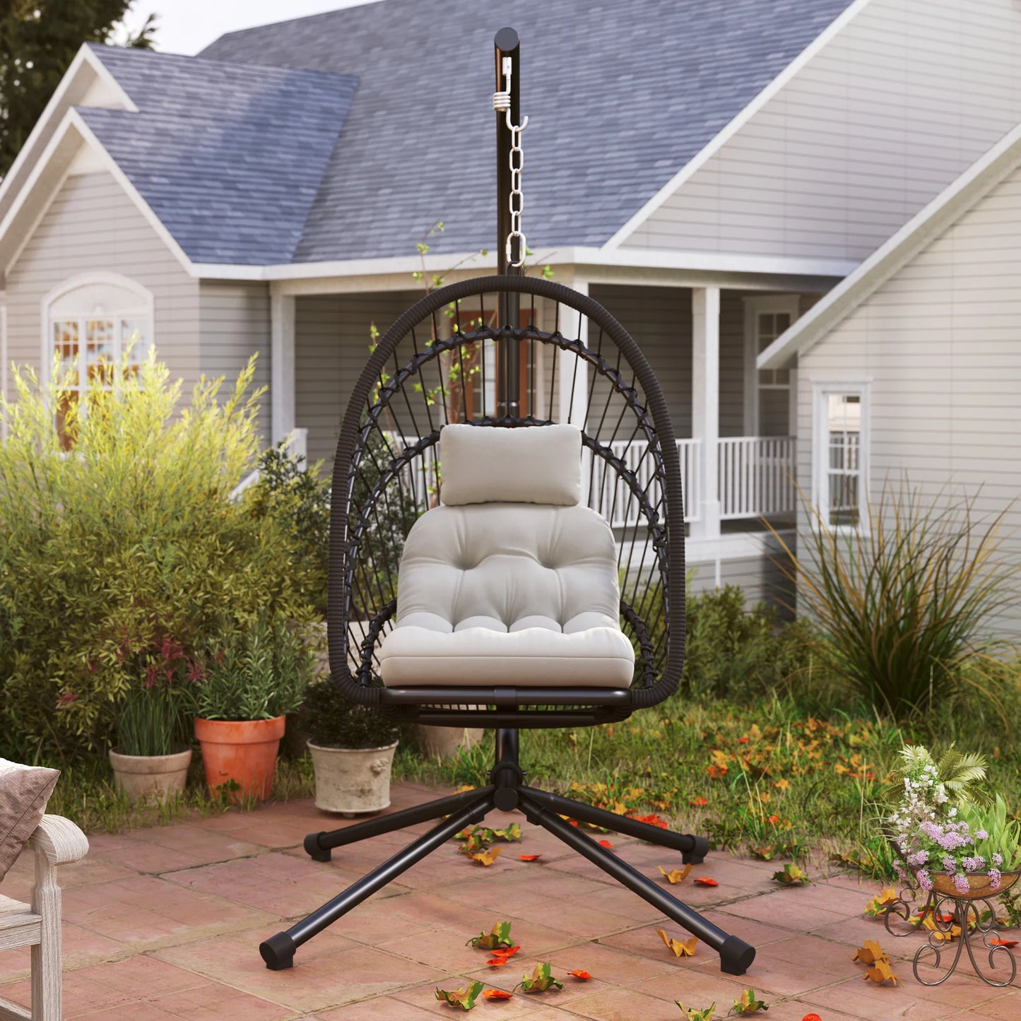 Outsunny PE Hanging Swing Chair w/ Thick Cushion, Patio Hanging Chair, Black