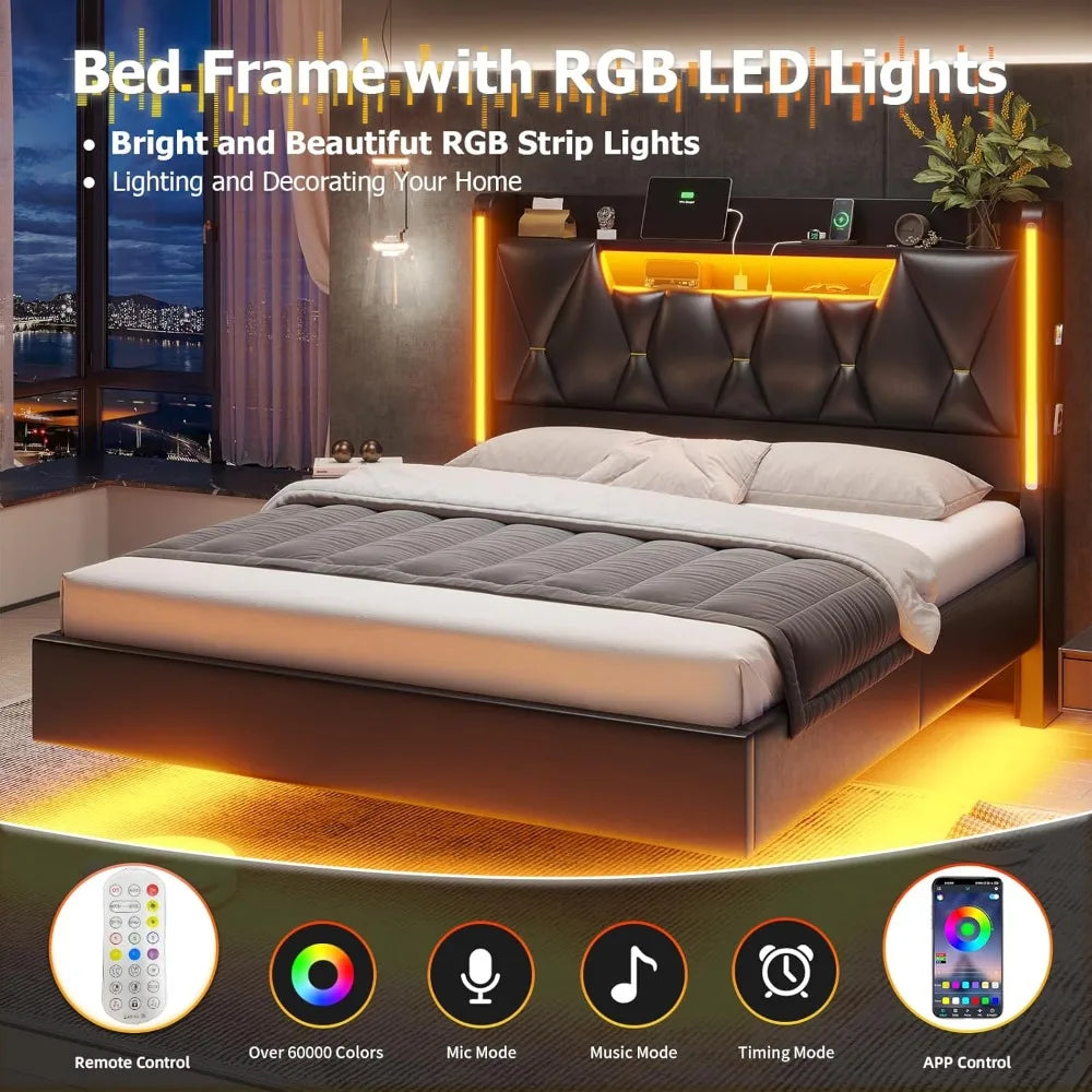 Charging Station Including 2 Sockets,Queen Size bed Frame with 2-Tier Storage Shelves,No Box Spring Needed,PU leather