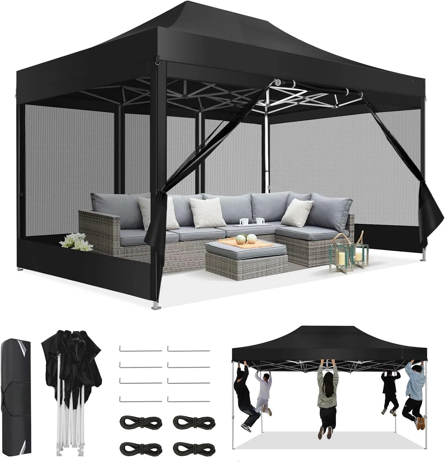 Canopy Tent 10x15 Heavy-Duty, Pop-Up Gazebo with Mosquito Netting, Waterproof Canopy with Sidewalls, Party Tent with Carry Bag