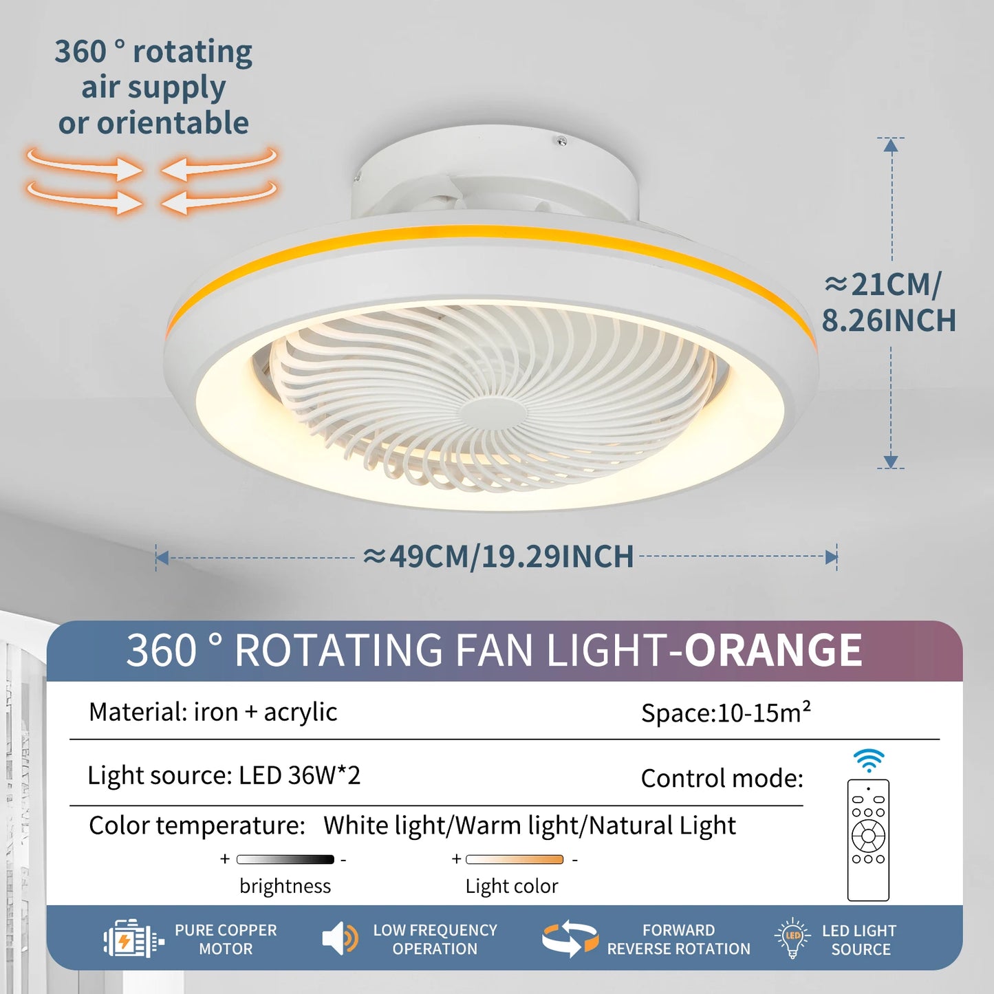 20"49cm Ceiling Fan Led Light 360° Degree Rotating Electric Circulite Sealing Fan 3CCT RC Lighing Modern Flush Mount For Bedroom