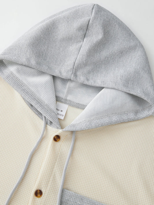 Men s Patchwork Drawstring Hooded Button Down Short Sleeve Waffle Hoodies T-Shirts Casual Tops for Summer Fashion Style