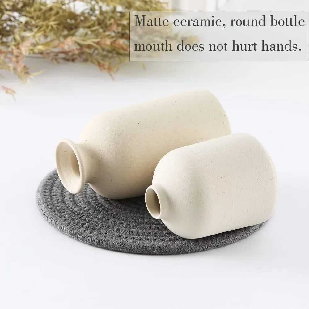 Beige ceramic vase set with a small vase decoration, modern bohemian farmhouse home décor