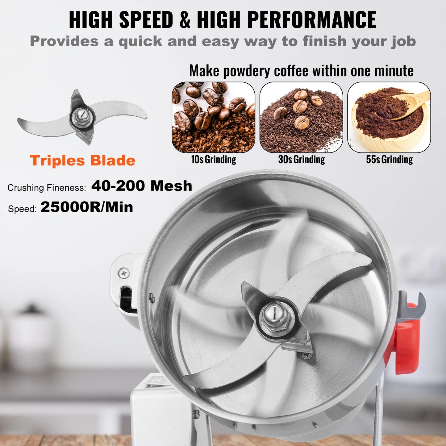 VEVOR 150-2500g Electric Grain Mill Grinder Commercial Swing Spice Grinders for Dry Herbs Grains Spices Cereals Coffee Corn