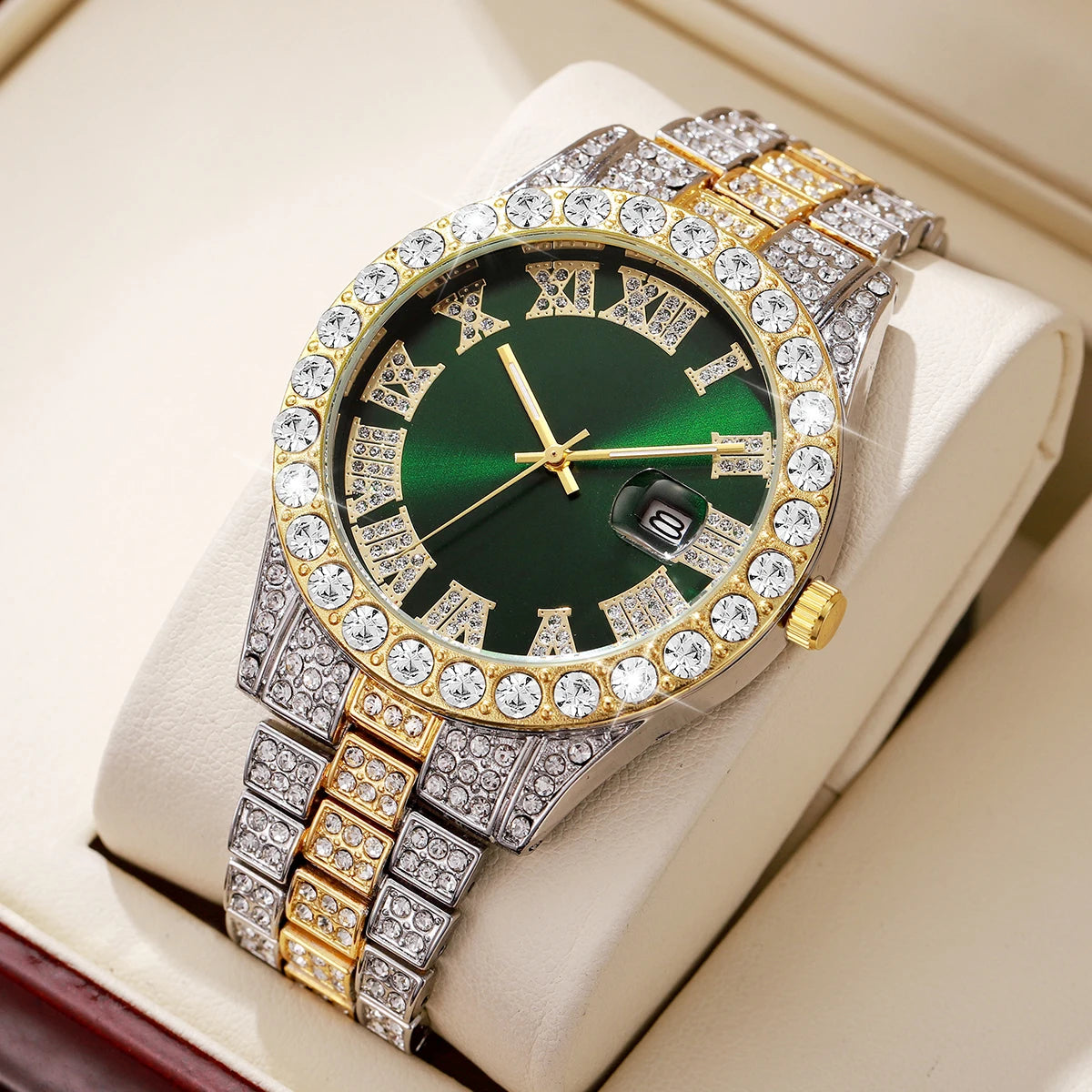Fashion Full Diamond Men's Watch Stainless Steel Band Male Quartz Wristwatches Date Calendar Watches