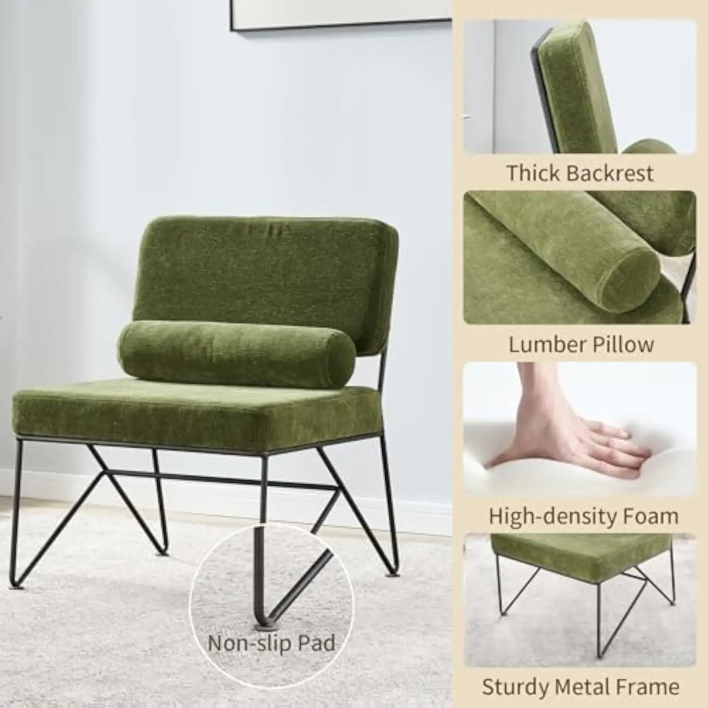 Armless Mid Century Modern Simple Accent Chair, Comfy Chenille Upholstered Living Room Chairs with Sturdy Metal Frame, Lounge R