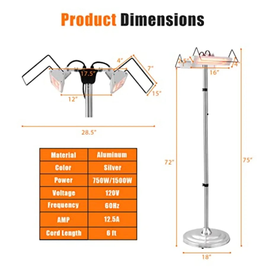 Patio Freestanding Double-Sided Infrared Heater with 2 Heat Settings Overheat Protection Pull Chain Switch Control Aluminum Ele