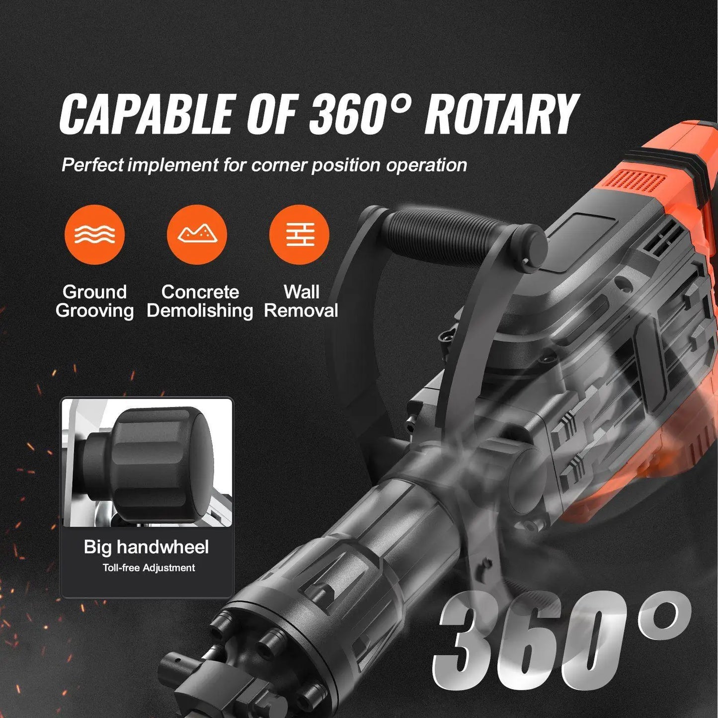 3500W 60J Electric Breaker Jack Hammer with Quick-Chuck System 360° Swivel Handle 1900 BPM Black