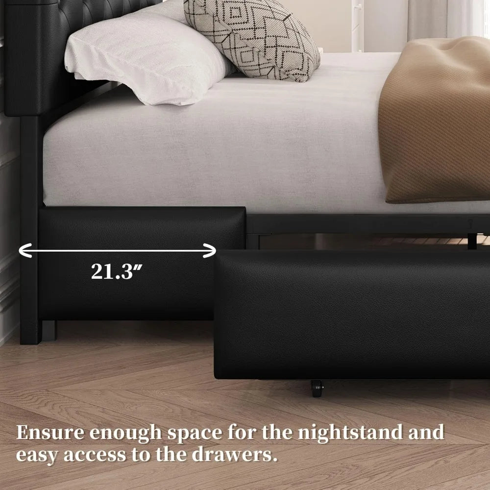 Full Bed Frame Upholstered Bed Frame with Adjustable Diamond Button-Tufted Headboard/3 Drawers Storage, Queen Platform Bed/