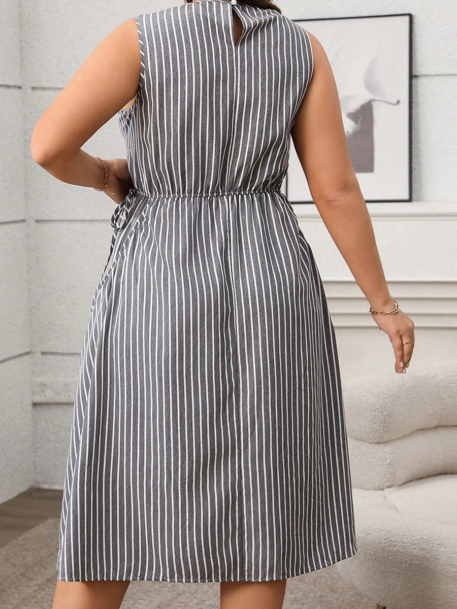 Women Plus Size Sleeveless Dress Summer Casual Floral Print A-Line Party Dress with Belt for Beach Club Streetwear and Vacation