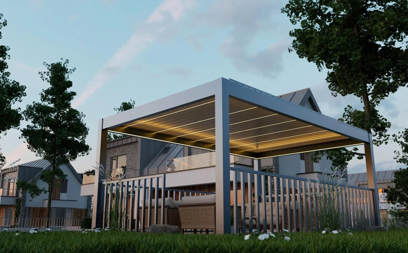 Patio Gazebo with LED Light Opening Louvered Garden Pergola Top Cover Awnings Automatic Retractable Aluminum Outdoor Pergolas