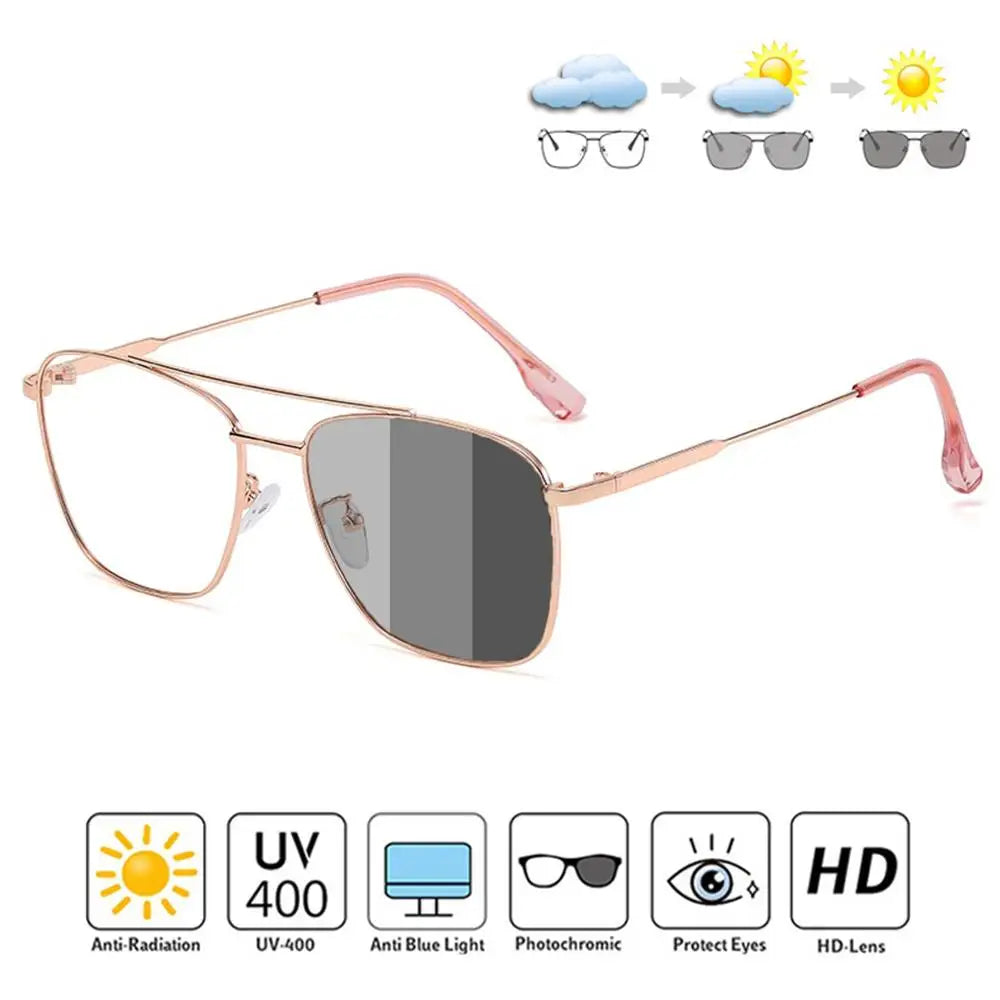 Square Sunglasses Men Women Anti Radiation Anti Blue Light Computer Photochromic Eyeglasses UV400 Shades Metal Sun Glasses