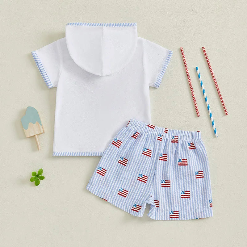 Baby Boy 4th of July Outfits Short Sleeve Zip Up Hooded Tops + Shorts Set Toddler Clothes