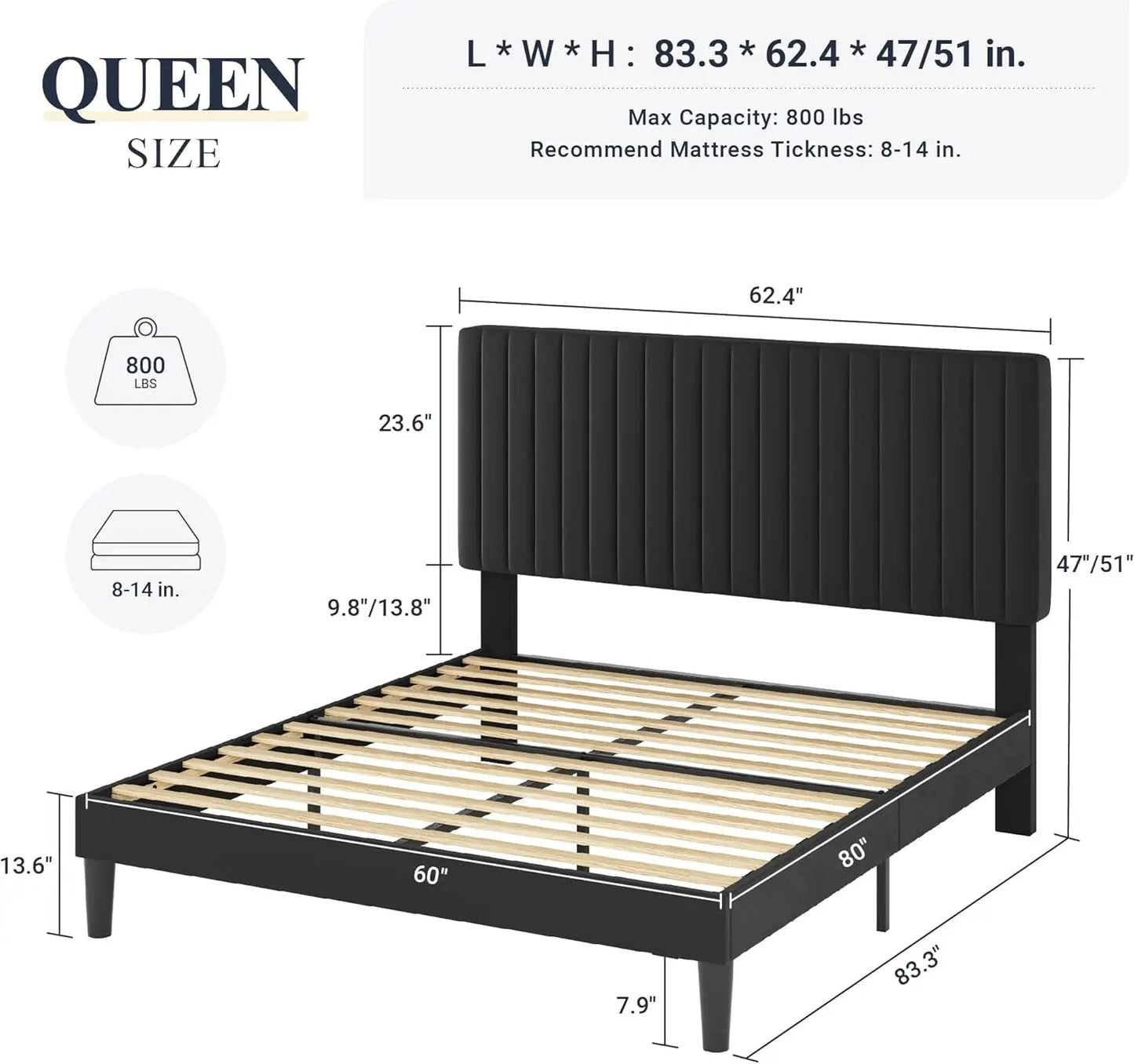 Queen Bed Frame, Velvet Upholstered Platform Bed With Vertical Channel Tufted Headboard, Mattress Foundation With Strong Wooden
