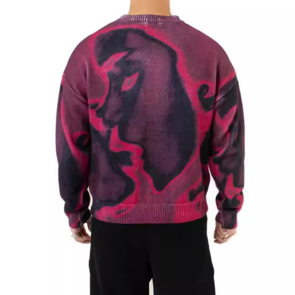 New Popular Spring Autumn Graffiti Jacquard Pattern Pullover Sweater Casual Round Neck Contrast Color Knitted Men's Pullover