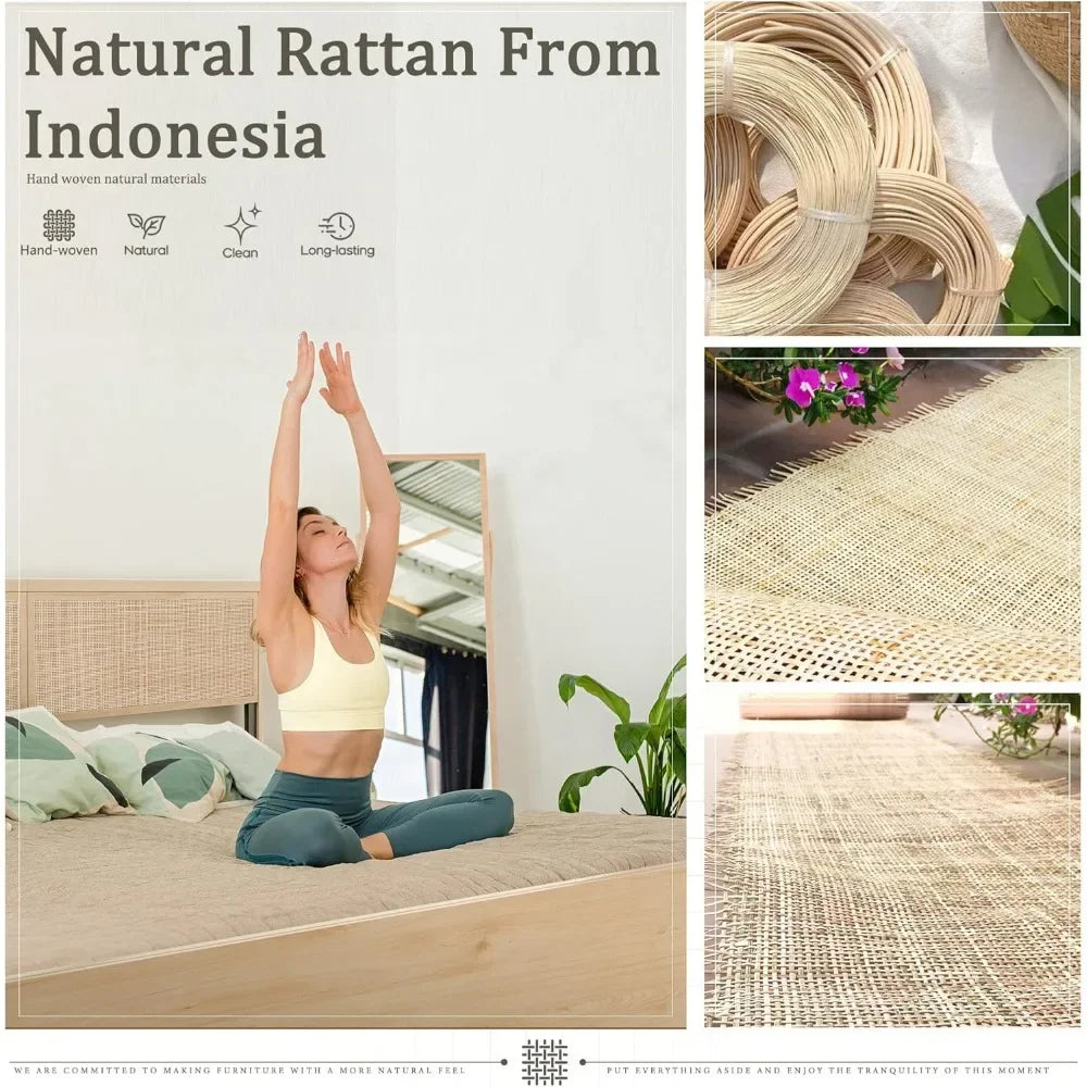 Queen Bed Frame with Natural Rattan Headboard and Wooden 4 Storage Drawers, Metal Platform with Strong Wooden Slats Suppo