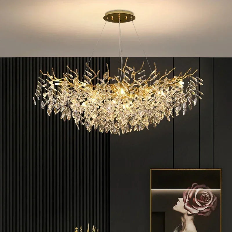 French luxury golden modern branch-shaped ceiling chandelier simple villa duplex American living room crystal LED chandelier