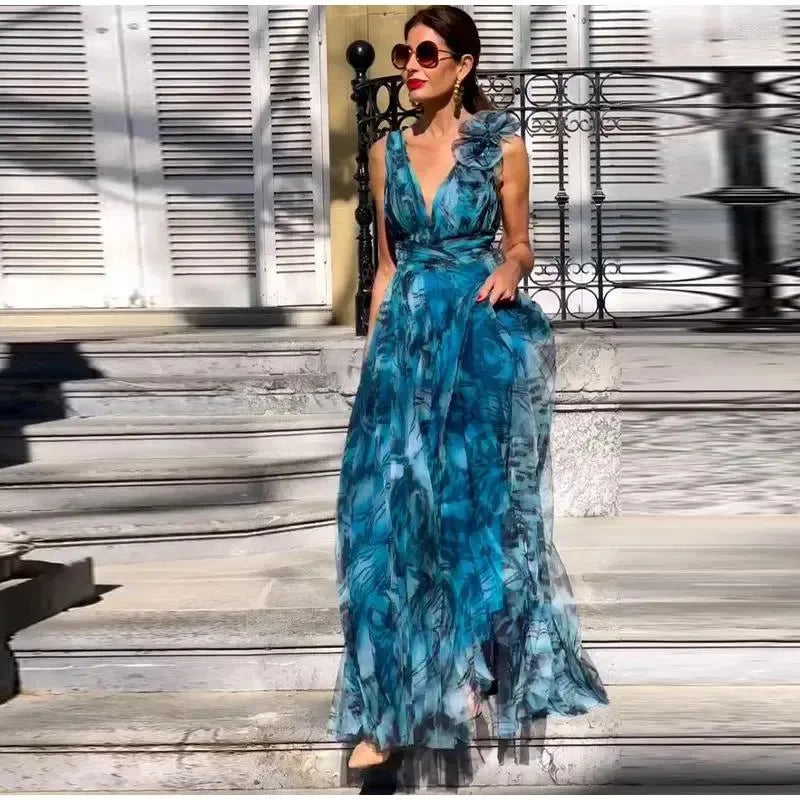 Boho Floral Maxi Dress Women - Gradient Blue V-Neck Sleeveless Puff Sleeve Beach Party Dress with Ruffled Lace Hem