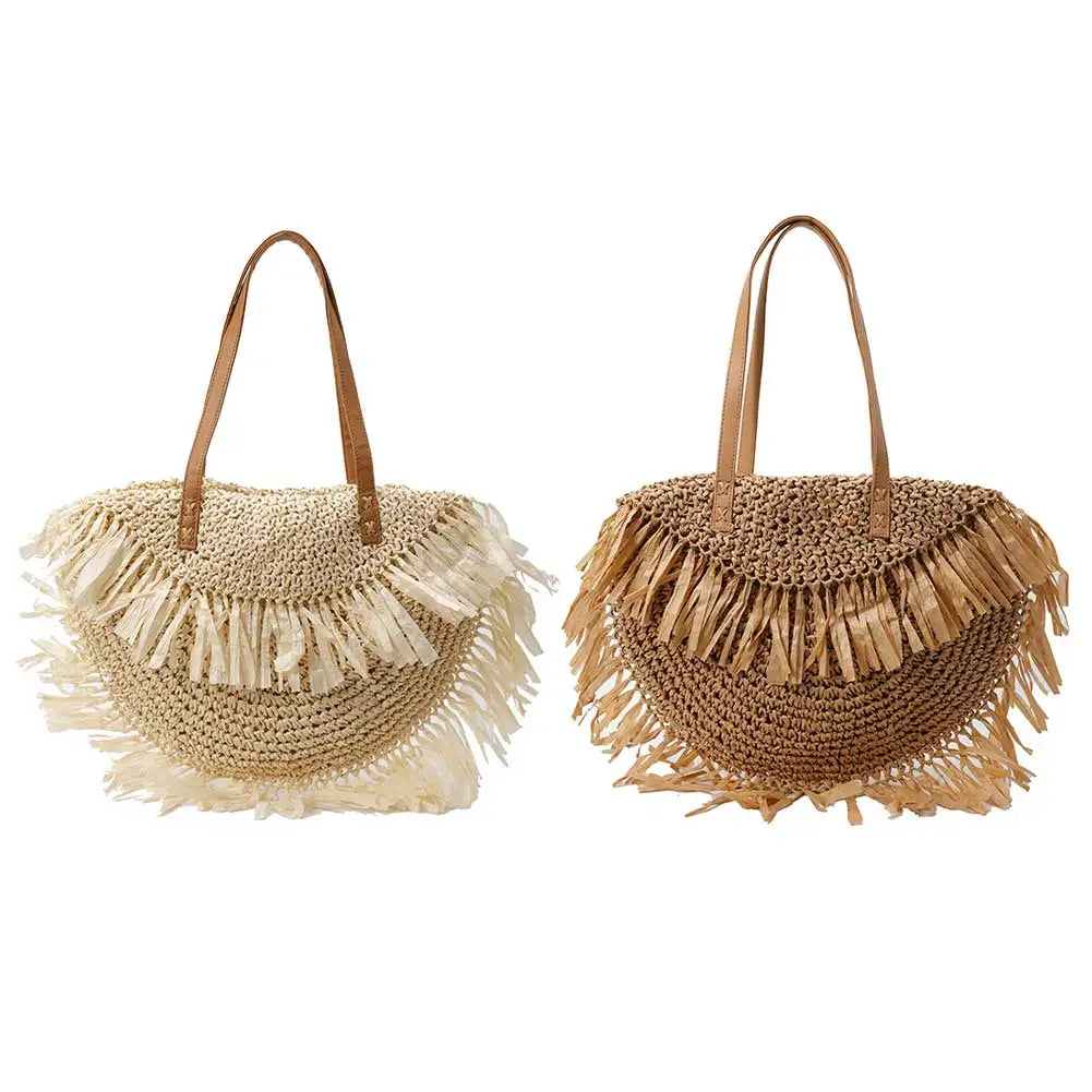 Women Stylish Knit Shoulder Bag Wear Resist Hand Woven Beach Bag Semicircle Underarm Bag Female Travel Commute Shoulder Bag