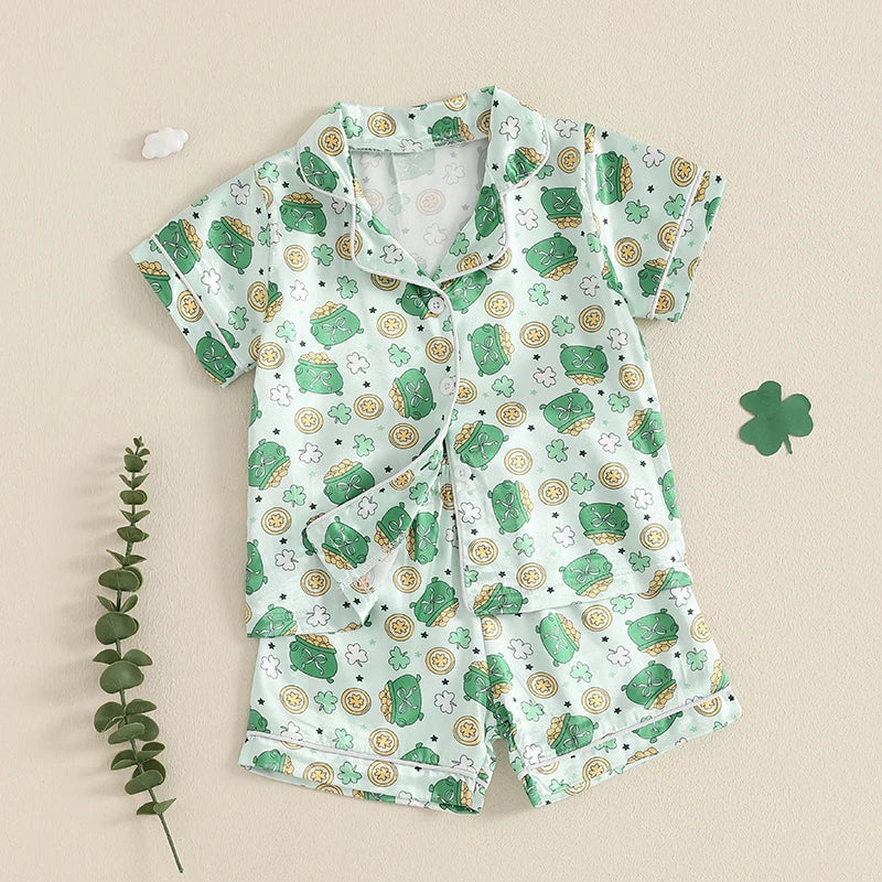 2Pcs Boys Cotton Pajamas Set Summer Sleeveless Dinosaur Print Button Down Shirts and Shorts Set Sleepwear for Kids