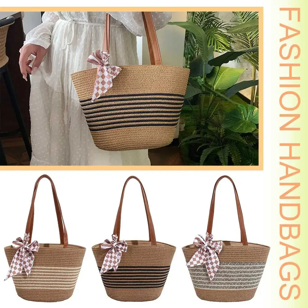 Women Straw Tote Handbag Large Capacity Crochet Beach Handbag Zipper Closure Weaving Striped Handbag Ladies Summer Daily Bag