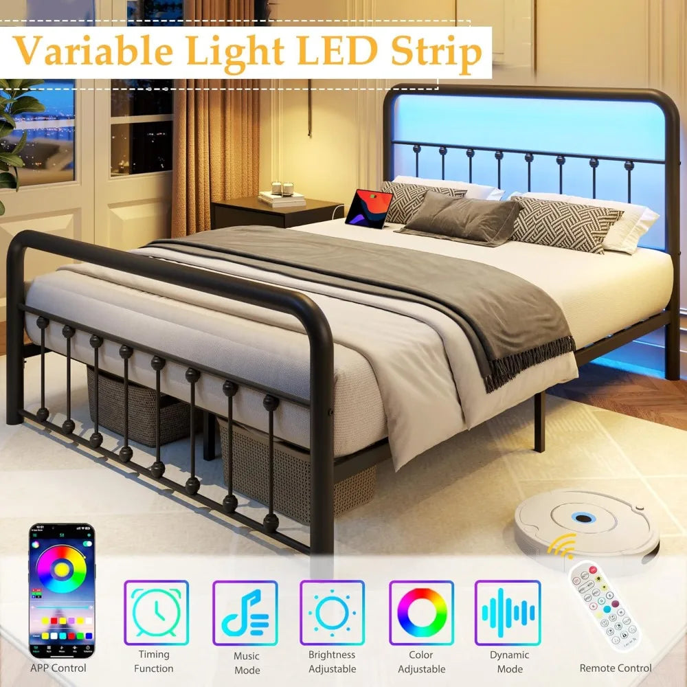 Bed Frame Classic Metal Platform Bed Frame with Charging Station & LED, Iron-Art  No Box Spring Needed, Noise Free, Black