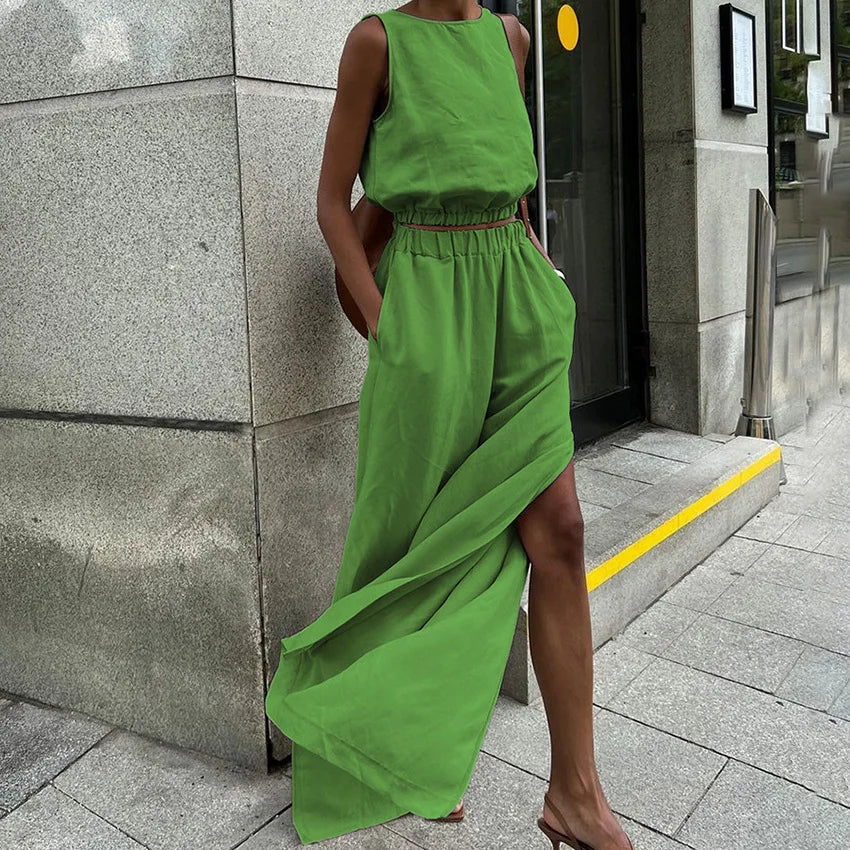 2025 New Fashion Cotton Linen Khaki Pants Sets Vacation Summer Sleeveless Tops And Split Pant Suits Two Pieces Office Ladies Set