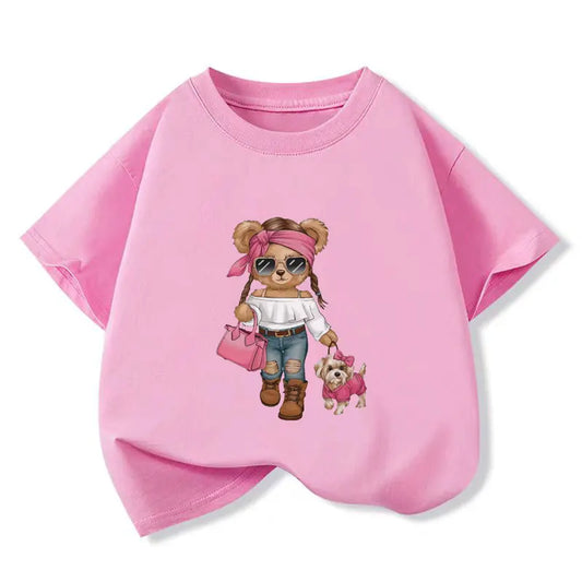 New Y2K Tops Trendy Bear Cartoon Graphic Print Baby Girls T-shirt Cotton Kids Tops Tee Summer Fashion T Shirt 6 8 10 12 Years
