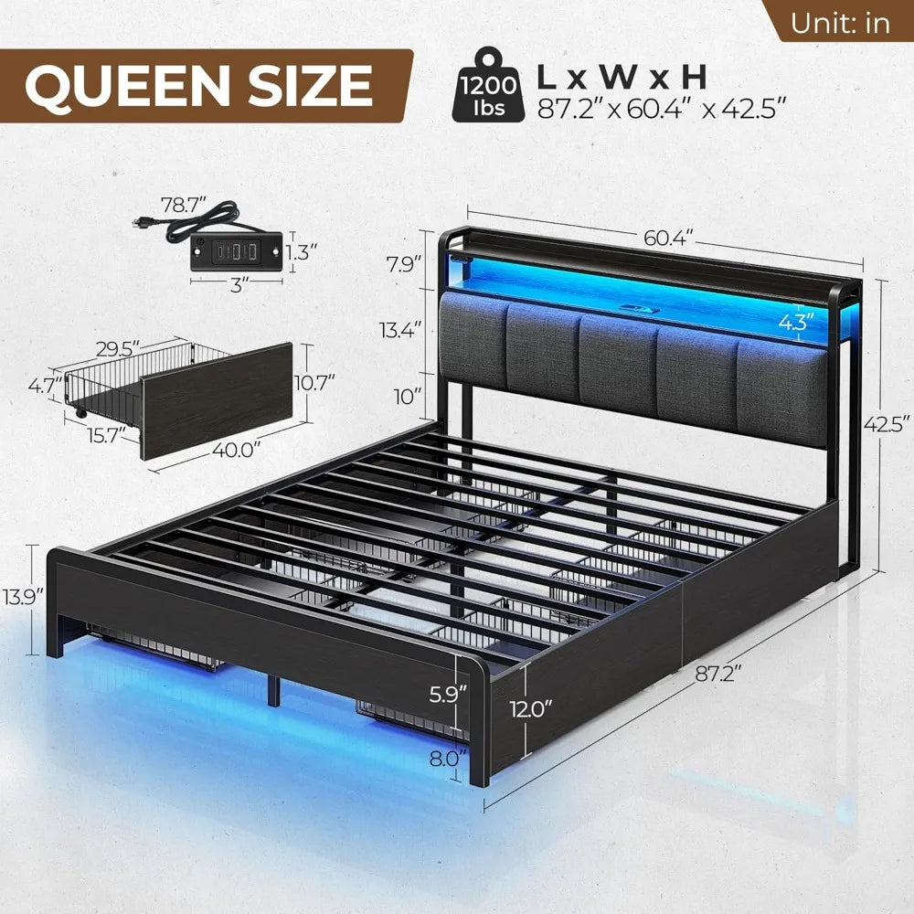 Bed Frame with Charging Station and LED Lights, Upholstered Storage Headboard with Drawers, Heavy Duty Metal Slats