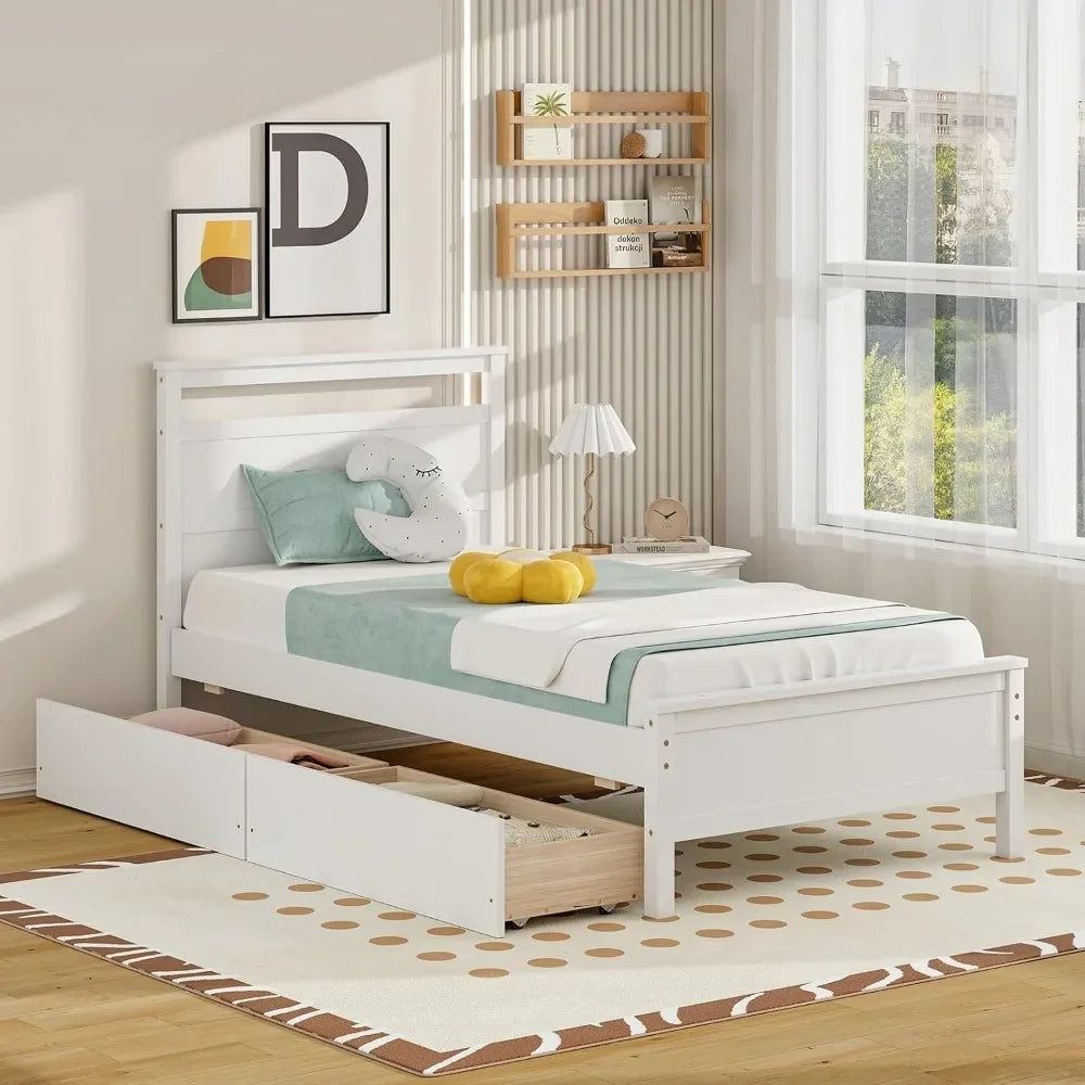 Wood Twin Bed with 2 Storage Drawers, Solid Wood Platform Bed with Headboard, Single Bed Wooden Slats Support