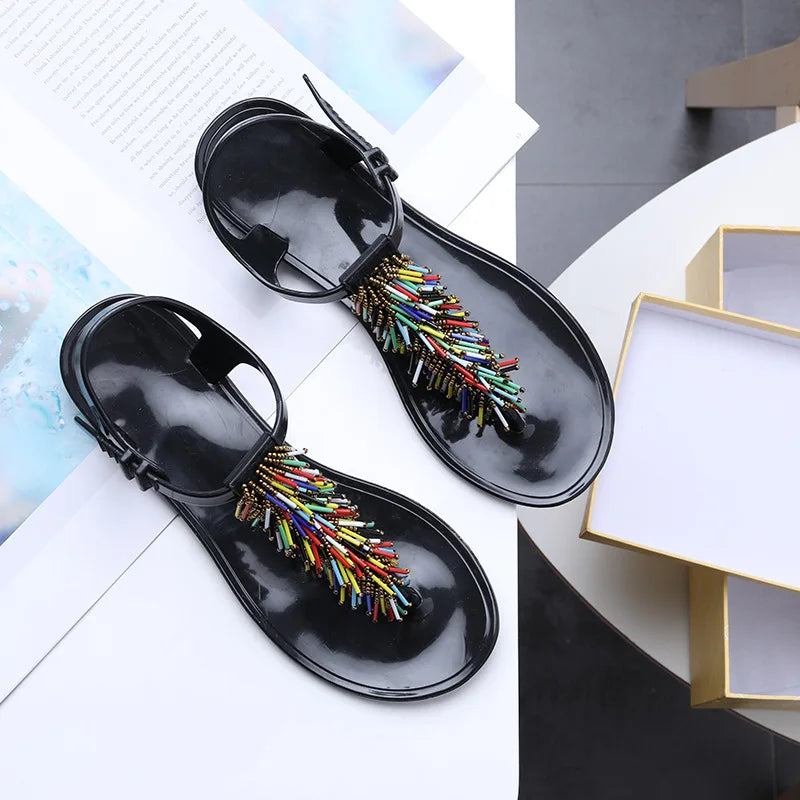 Women's Shoes Flip-flops Sandals for Woman Black Footwear Plastic with Low Heels Summer 2025 Crystal Pvc