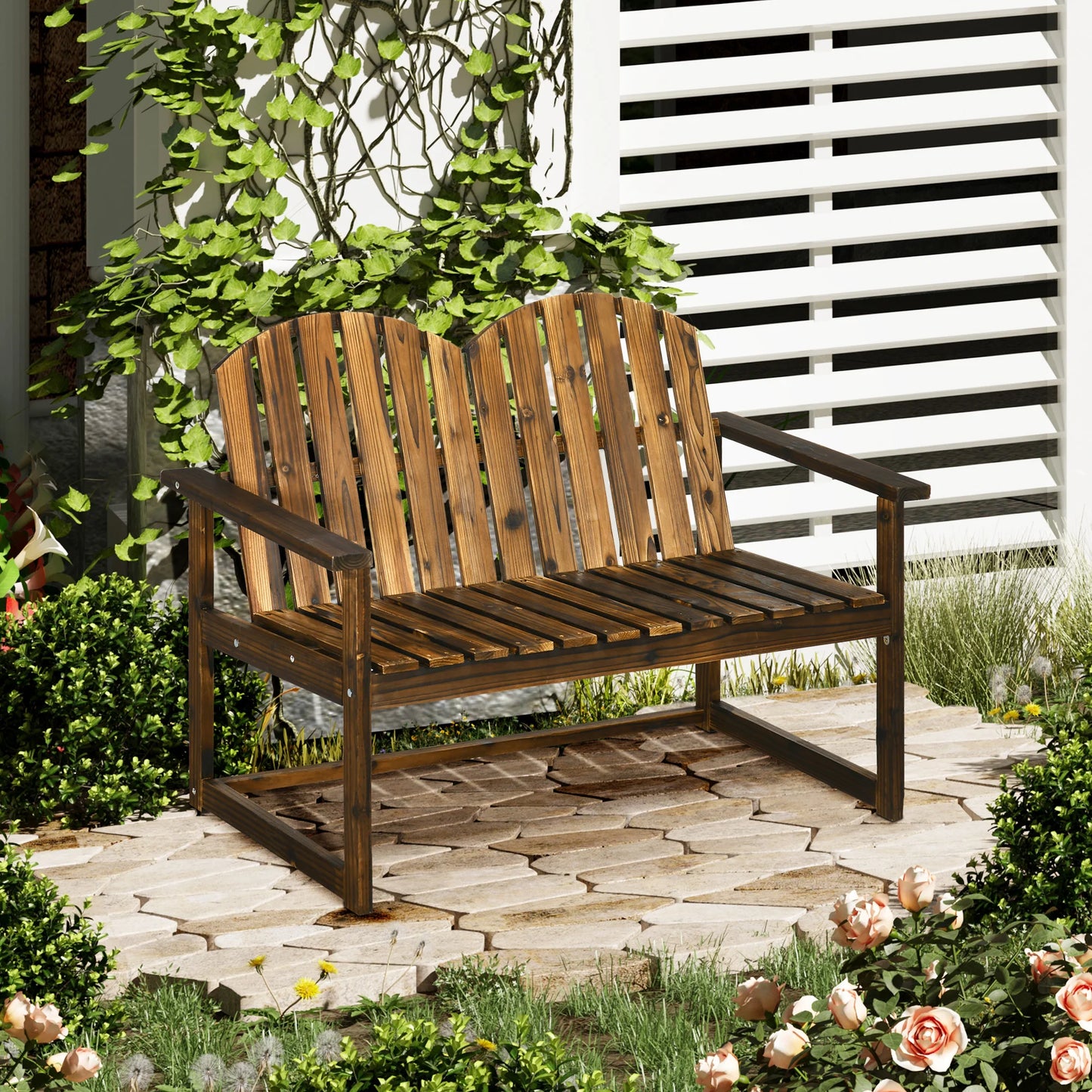 Outsunny Outdoor Wooden Garden Bench, Patio Loveseat Chair with Slatted Backrest and Smooth Armrests for Two People